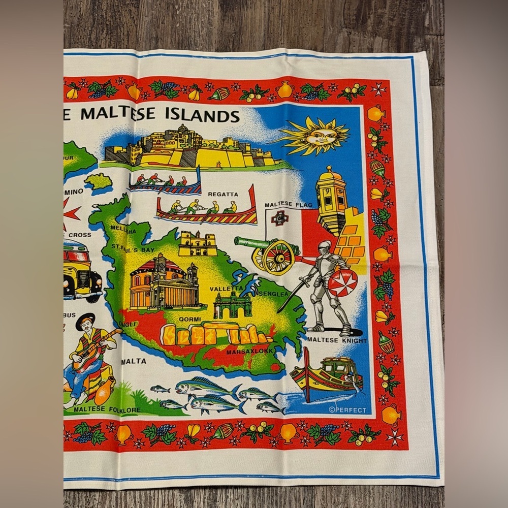 Vintage Cloth Linen Tea Towel Maltese Islands Map Souvenir - Picture 2 of 4